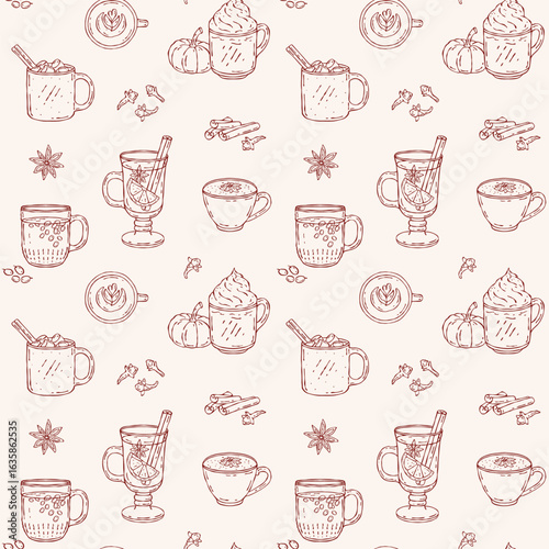 Seamless autumn drinks outline pattern, pumpkin latte, mulled wine, cocoa with marshmallow, sea buckthorn tea, cappuccino, hand drawn line art, vector seamless pattern