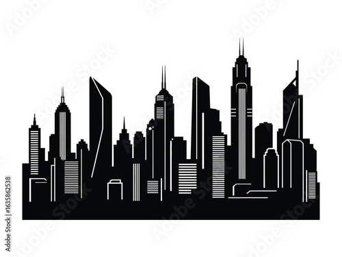 Urban Silhouette: A monochromatic, stylized depiction of a bustling cityscape, rendered in striking black and white, showcasing architectural grandeur and the dynamic essence of urban life.