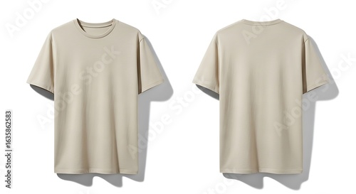 Beige tshirt, front and back view, isolated on white background