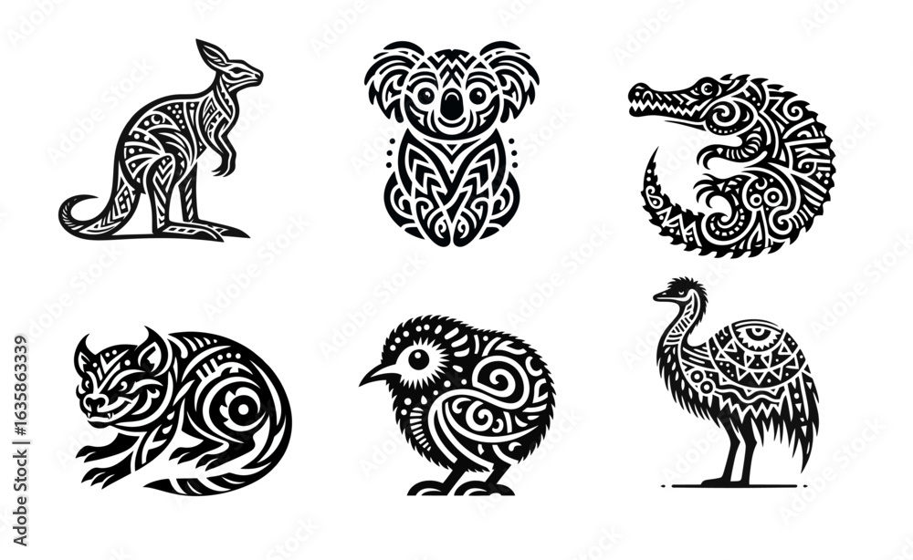 Fototapeta premium Australian Animals Tribal Tattoo Designs Set