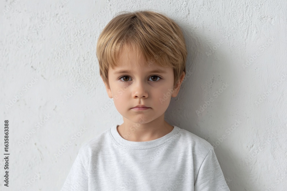 Naklejka premium Young boy with light brown hair brown eyes wearing a white shirt stands against a textured white wall His expression is neutral