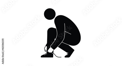 Stick figure tying shoelaces on white. Isolated for simple design use