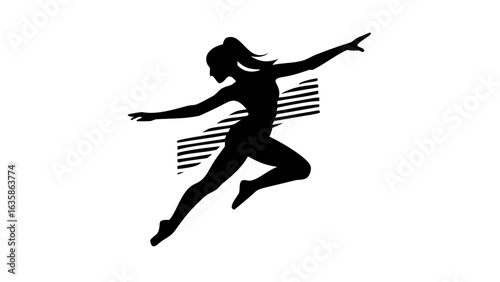 Silhouette of a woman leaping with arms outstretched against a striped background design element