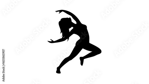 Silhouette of a woman in a dynamic pose with arms raised and legs extended in a graceful movement
