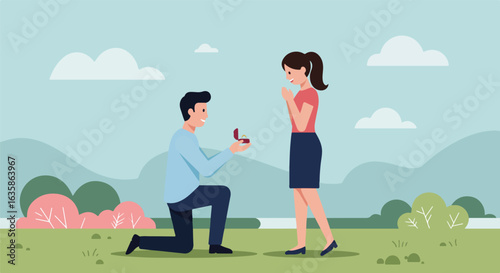 Man proposing to woman with ring in park; sky and trees in background, use wedding