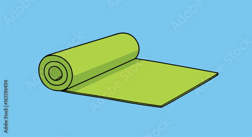 Unrolling lime mat on blue. Promoting health/fitness activity. Background plain