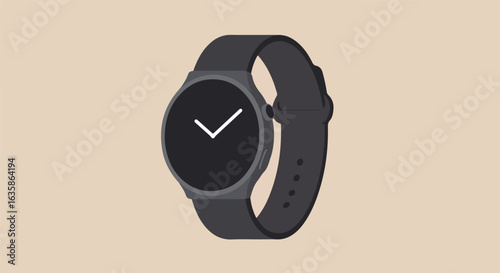 Gray round smartwatch on plain background with checkmark in screen for technology use