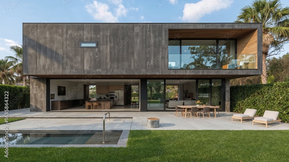 Modern luxury home exterior with concrete facade open plan living area swimming pool and lush green landscape Modern luxury home exterior with concrete facade open plan living area swimming pool and lush green landscape