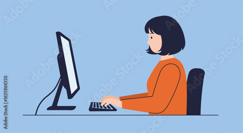 Employee at desk using desktop computer in office with light blue background