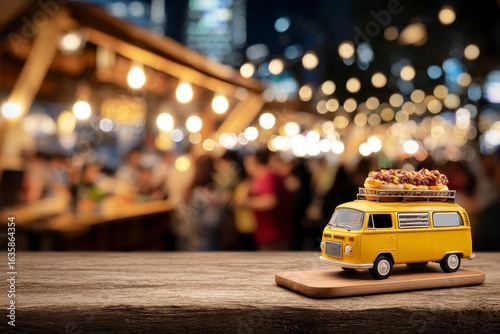 Miniature yellow van on wooden table, night market background
