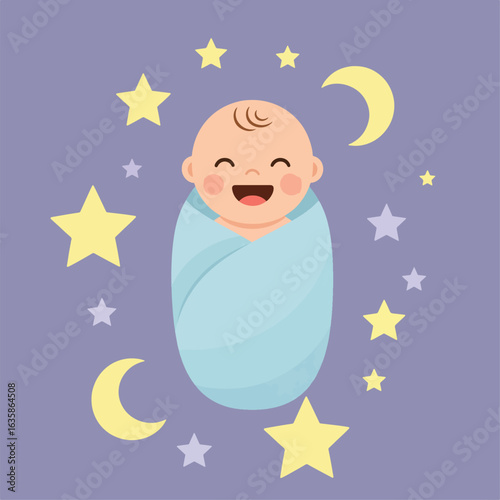A smiling baby swaddled in blue is surrounded by yellow stars and crescent moons against a soft purple background creating a whimsical vibe.