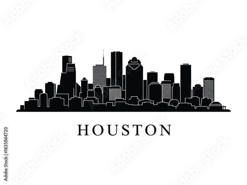 Houston Skyline Silhouette: A sleek monochrome silhouette captures the iconic skyline of Houston, showcasing its architectural marvels and urban landscape.