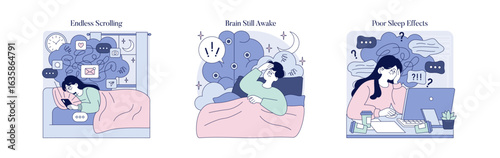 Nighttime Distractions and Sleep Impact Vector Illustration