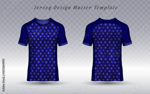A professional, modern jersey design master template, showcasing a front and back view of a blue t-shirt with a detailed repeating polka dot pattern. Ideal for sportswear and apparel branding.