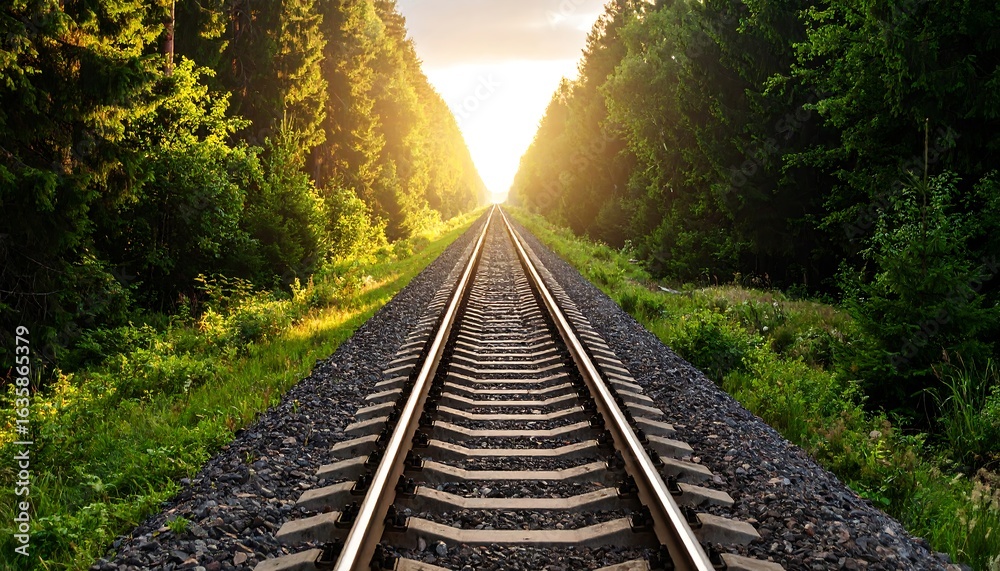 Fototapeta premium Railroad tracks through forest at sunset