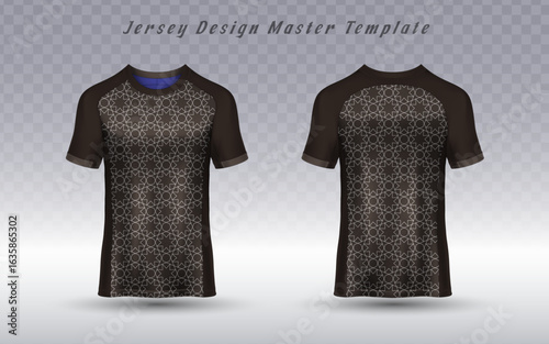 A professional, modern jersey design master template, showcasing a front and back view of a black t-shirt with an intricate, geometric pattern. Ideal for sportswear and apparel branding.
