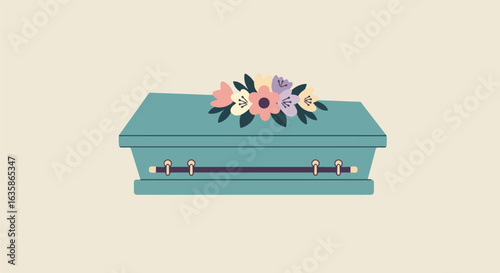 Funeral flowers atop coffin in a funeral parlor. Illustration for design