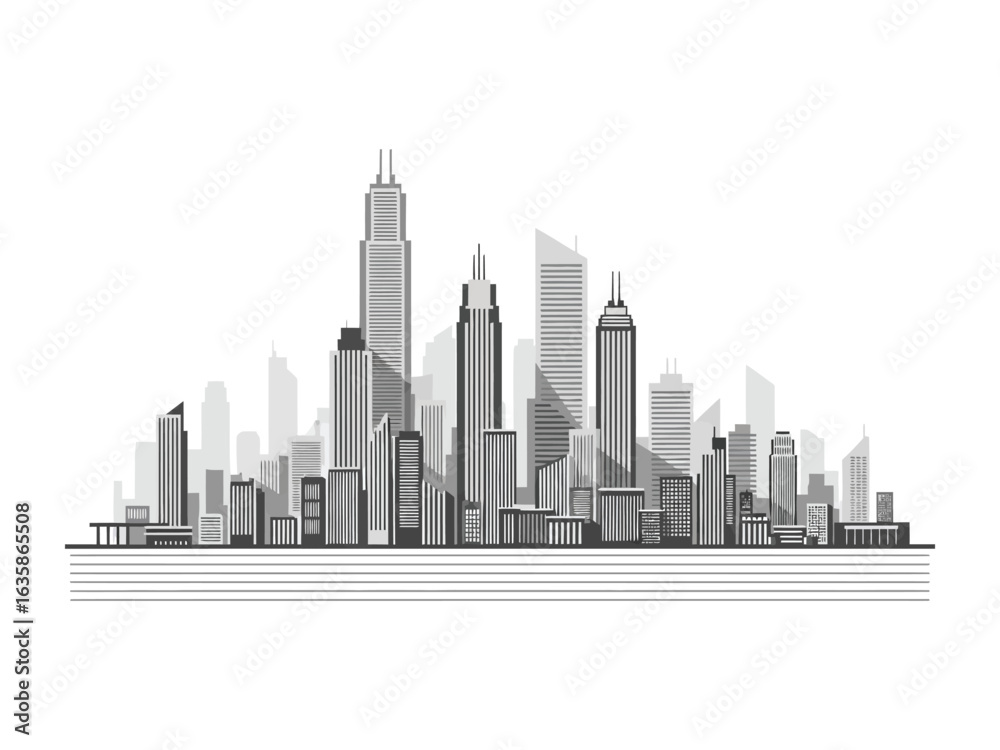 Fototapeta premium Cityscape silhouette: A minimalist city silhouette showcases a modern skyline composed of towering skyscrapers. This graphic captures the urban landscape with clean lines and shapes.