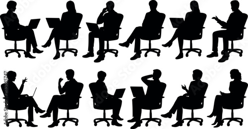 Silhouettes of diverse individuals seated in office chairs engaged with laptops and in discussion