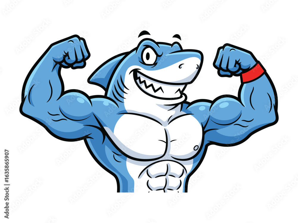 Obraz premium Muscle Shark Illustration: A cartoon illustration of a muscle shark flexes its bicep, showcasing strength and power. the illustration presents a formidable figure with a confident expression.