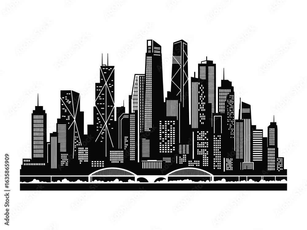 Fototapeta premium Urban Silhouette: A striking monochromatic illustration depicts a bustling cityscape, showcasing a multitude of towering skyscrapers and architectural marvels.