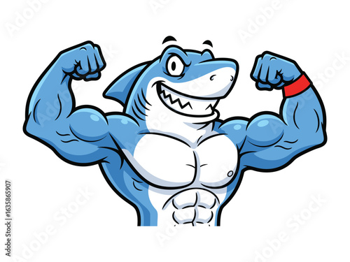 Muscle Shark Illustration: A cartoon illustration of a muscle shark flexes its bicep, showcasing strength and power. the illustration presents a formidable figure with a confident expression.