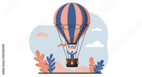 Man in hot air balloon trip, surrounded by plants, with cloudy sky background