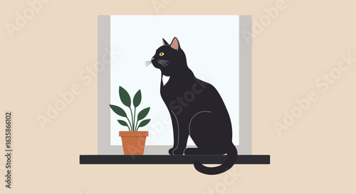 Black cat sits on window sill with a plant. For use in blog and website design
