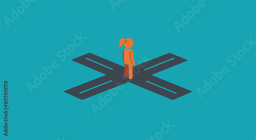Person stands at four-way crossroads, contemplating options in abstract setting