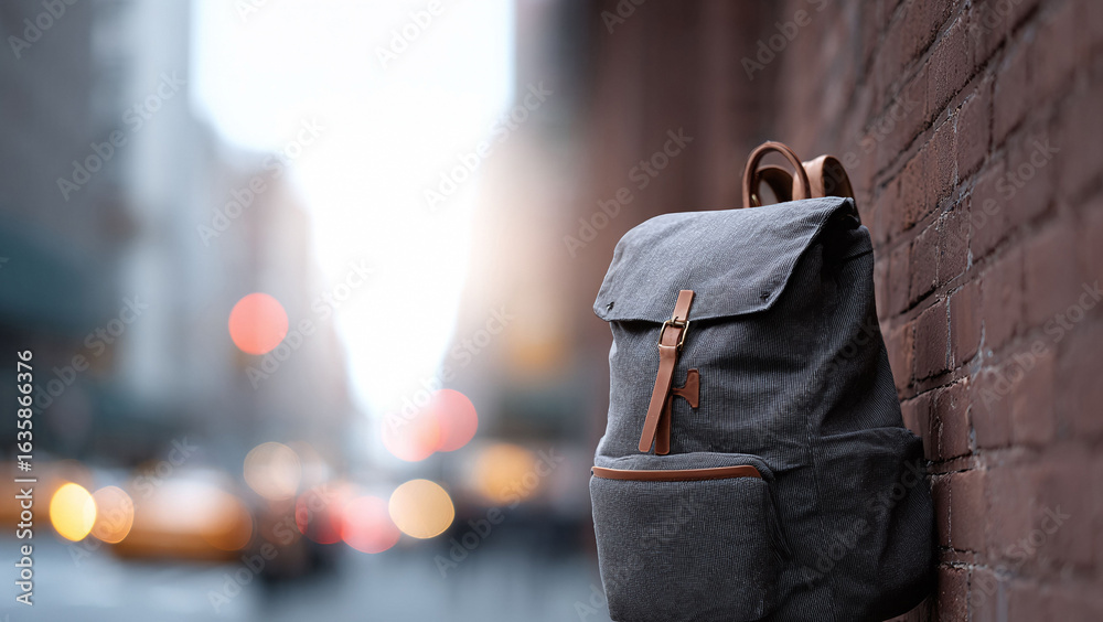 Obraz premium Urban adventure awaits A stylish backpack rests against a brick wall in a bustling city. Conceptual for travel, school, or everyday life.