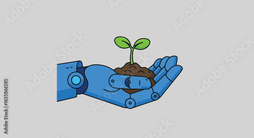 Robot Hand Holding Plant on Gray Background for Ecology or Technology Theme