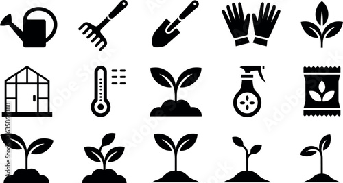 Collection of black and white icons representing essential gardening tools and plant growth stages for cultivation and horticulture