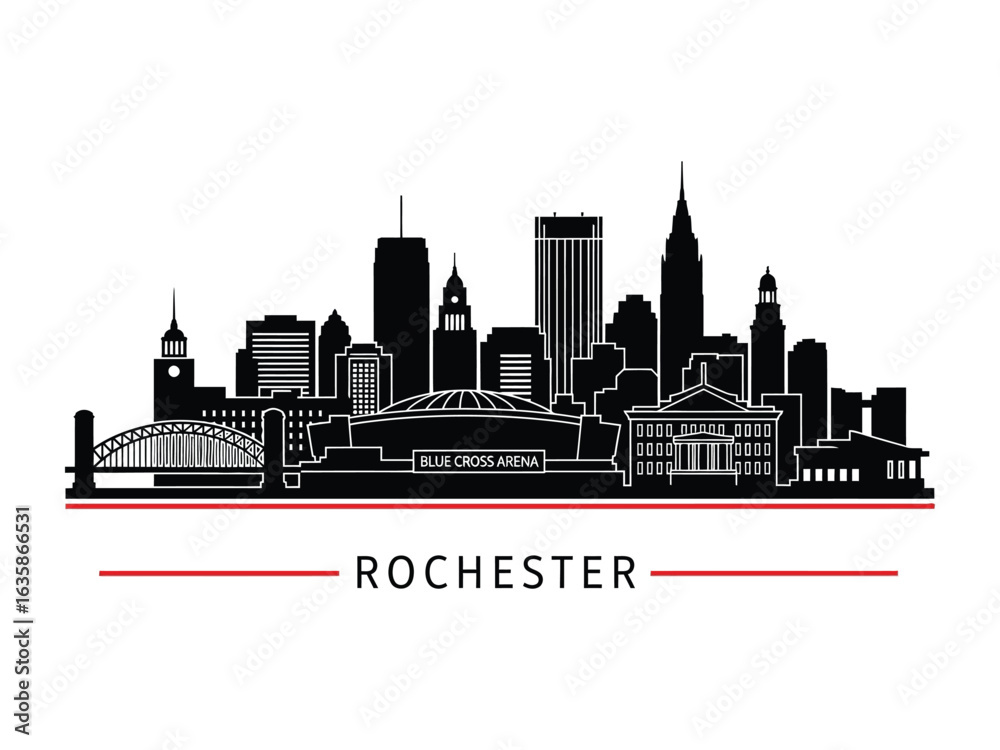 Naklejka premium Rochester Cityscape Silhouette: A stylish, minimalist silhouette of Rochester's iconic buildings and landmarks, perfect for representing the city's skyline, architecture, and urban identity.