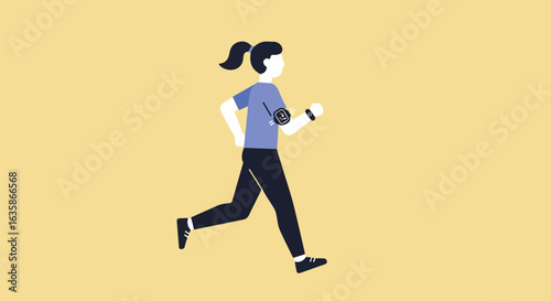 Woman is Running with a Fitness Tracker in a Yellowish Plain Backdrop
