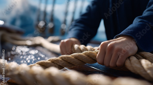 Sailor tying a knot with rope on a deck with a railing