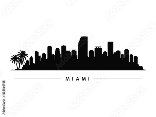 Miami Skyline Silhouette: A sleek, monochrome silhouette of the Miami skyline captures the iconic city's distinct architecture and palm trees, offering a modern.