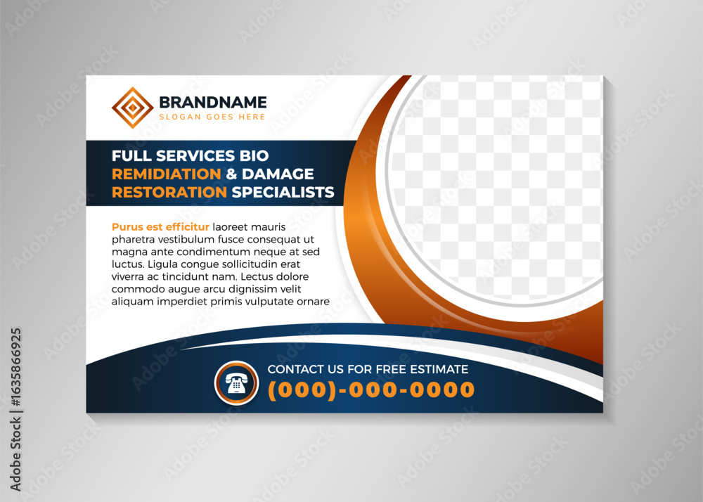 Fototapeta premium full services bio remediation and damage restoration speciaists banner template. Horizontal layout poster template use combination blue and brown gradient on elements. white background