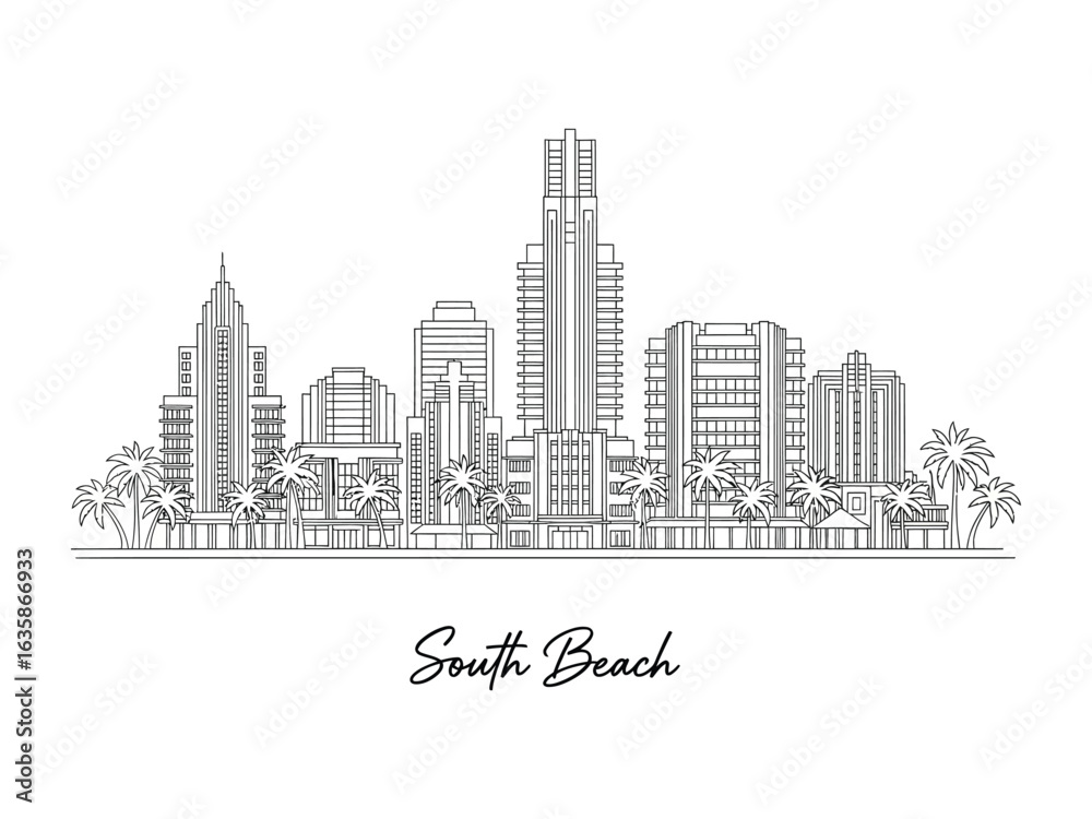 Naklejka premium Miami South Beach Skyline Illustration: Captivating skyline illustration captures the iconic architecture and vibrant essence of South Beach, Florida.