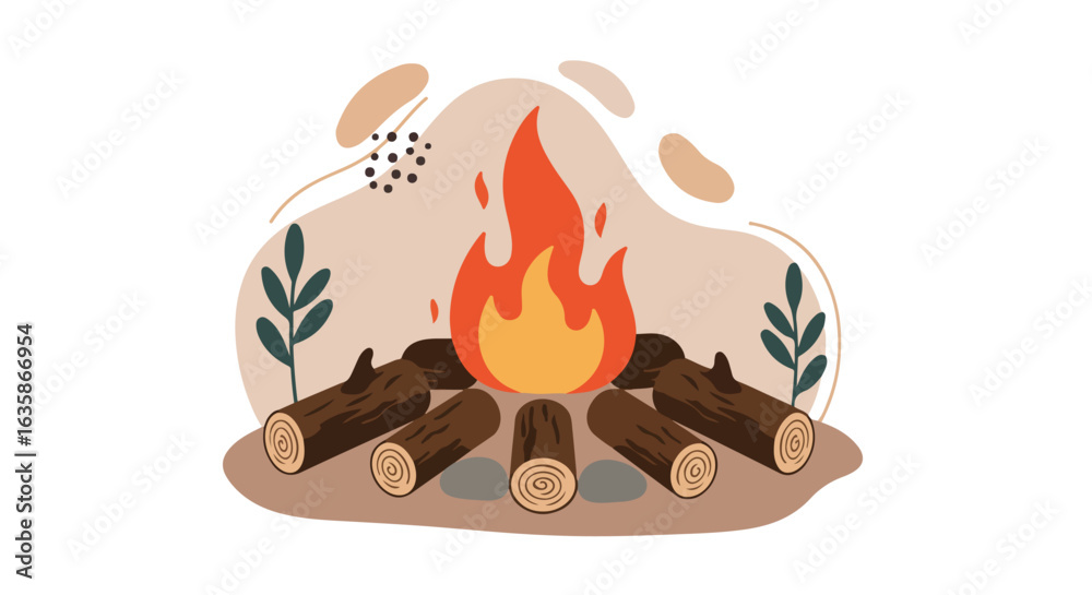 Fototapeta premium Decorative campfire burning in stylized setting with foliage for creative graphic