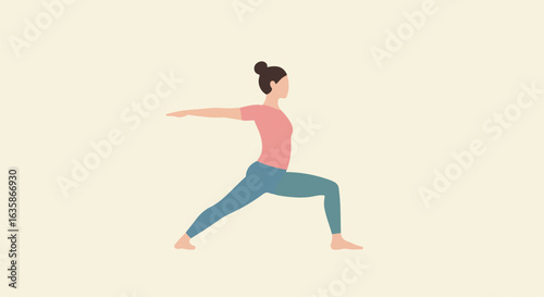 Woman practices warrior two pose on a mat, centered on blank background, for health use