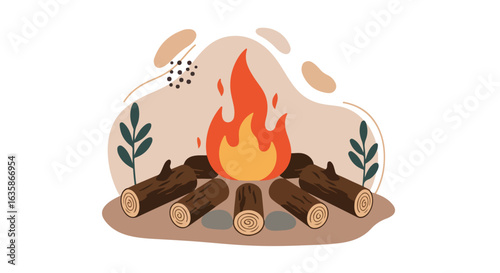 Decorative campfire burning in stylized setting with foliage for creative graphic