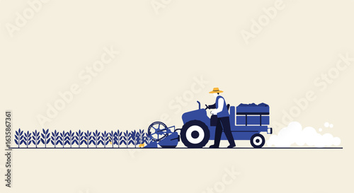 Farmer harvesting crops with tractor in field. Farm machinery at work