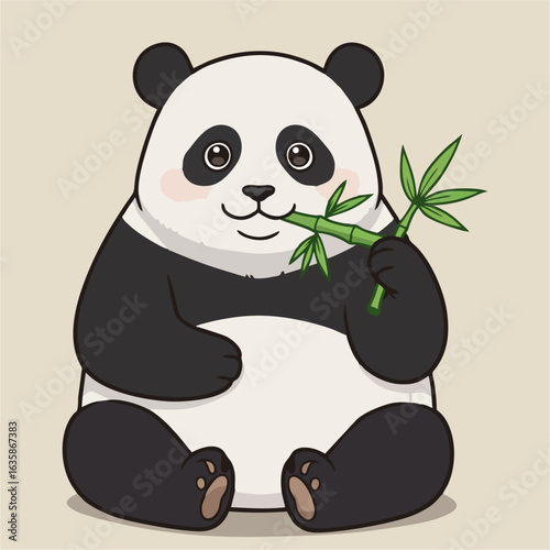A cute cartoon panda is happily sitting and munching on a fresh green bamboo stalk.