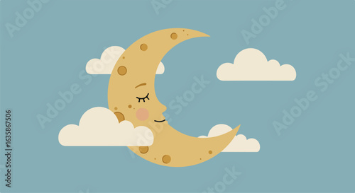 Sleeping crescent moon graphic floats in sky with clouds, bedtime or dreamy concept
