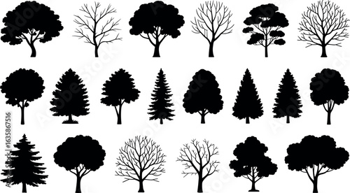 A diverse collection of black silhouette trees representing various species and seasons for design projects
