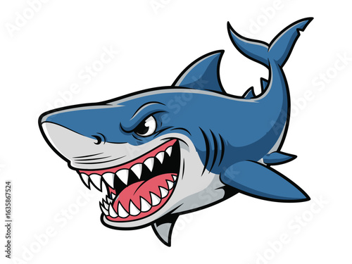 Vibrant shark illustration: A digitally crafted illustration featuring a formidable shark with sharp teeth, conveying a sense of predator with striking and bold aesthetic.