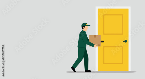 Worker delivers a box to yellow door on a gray background for web use