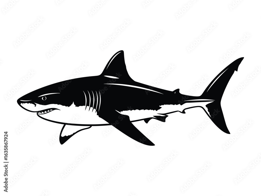 Fototapeta premium Majestic Predator Silhouette: A bold silhouette of a shark, showcasing its powerful form, evokes a sense of awe and the untamed beauty of the ocean's depths.