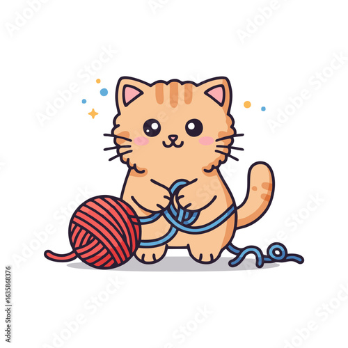 Adorable orange tabby kitten playfully entangled with a large ball of pink yarn