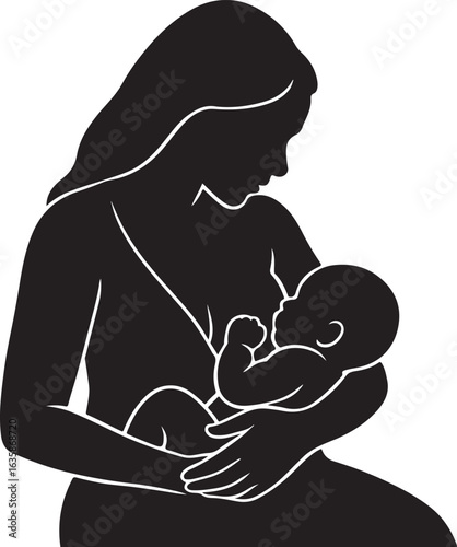 A silhouette of mother breastfeeding baby, nurturing love, black shape